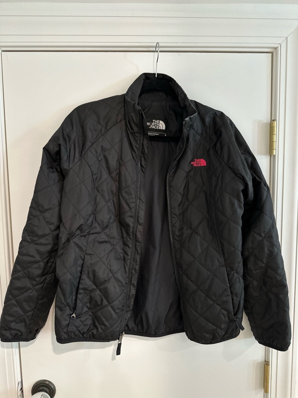 The North Face Black Quilted Puffer Jacket with Pink Logo